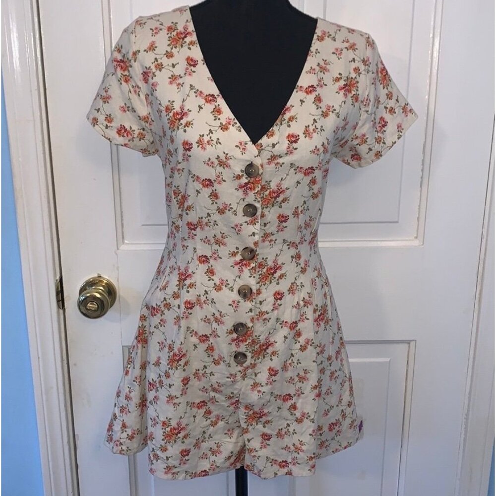 White and Pink Floral Pattern Button Short Romper - Paper Heart